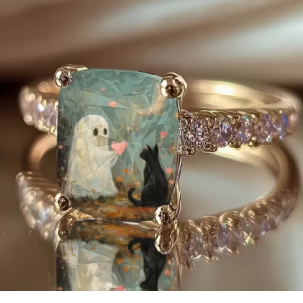 RESTOCKED👻👻👻🍁🍂🍁NEW ! Boho Ghost & Black Cat Ring with Aqua Center